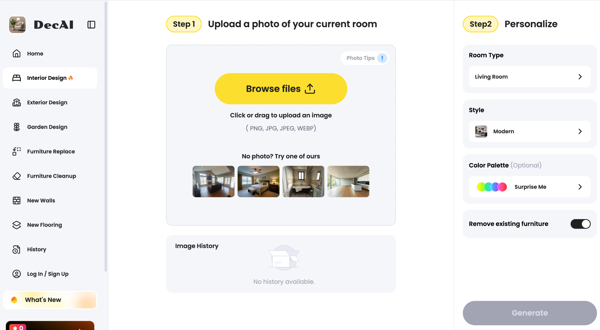 DecAI AI house remodel app, quick room photo visualization for interior renovation