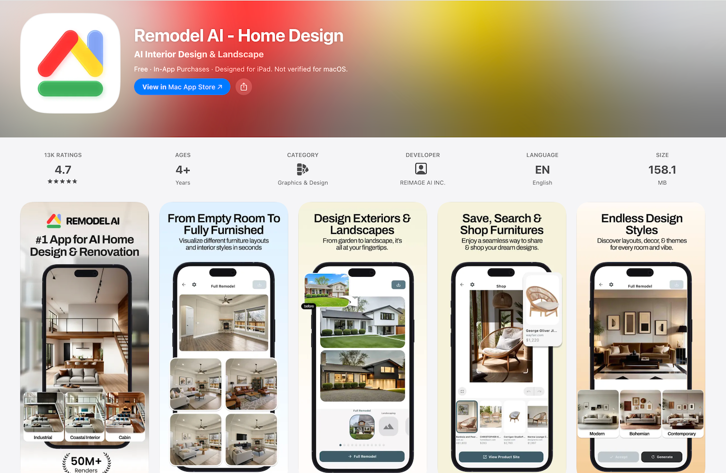 Remodel AI mobile app, AI interior and exterior home makeover preview tool