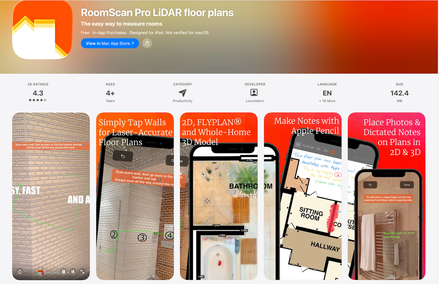RoomScan Pro LiDAR app, precise room measurement and floor plan export tool