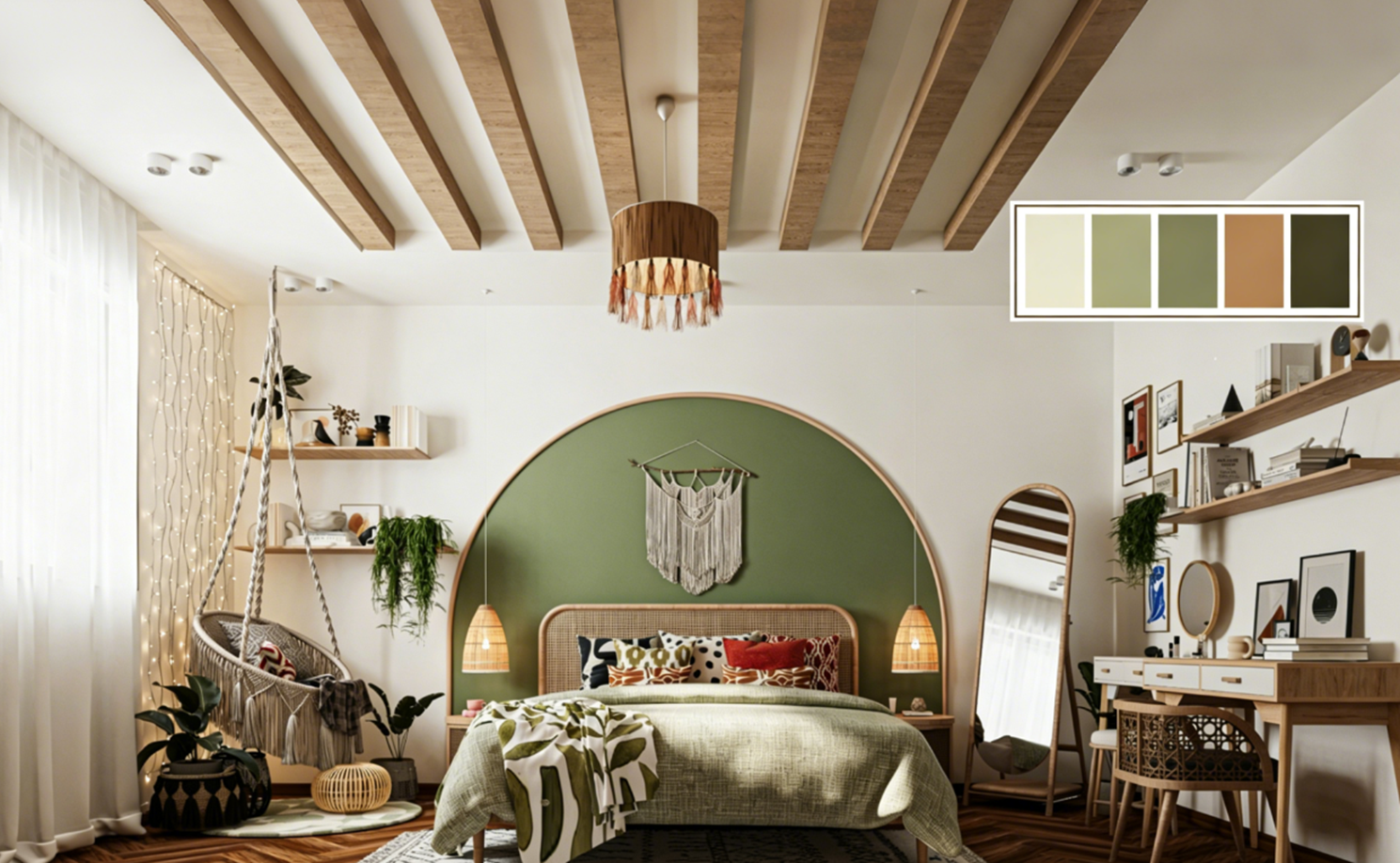 Boho bedroom in natural green