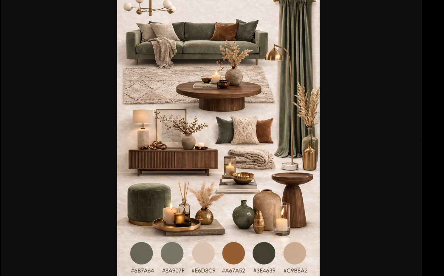 Living room in sage green and warm brown home decor