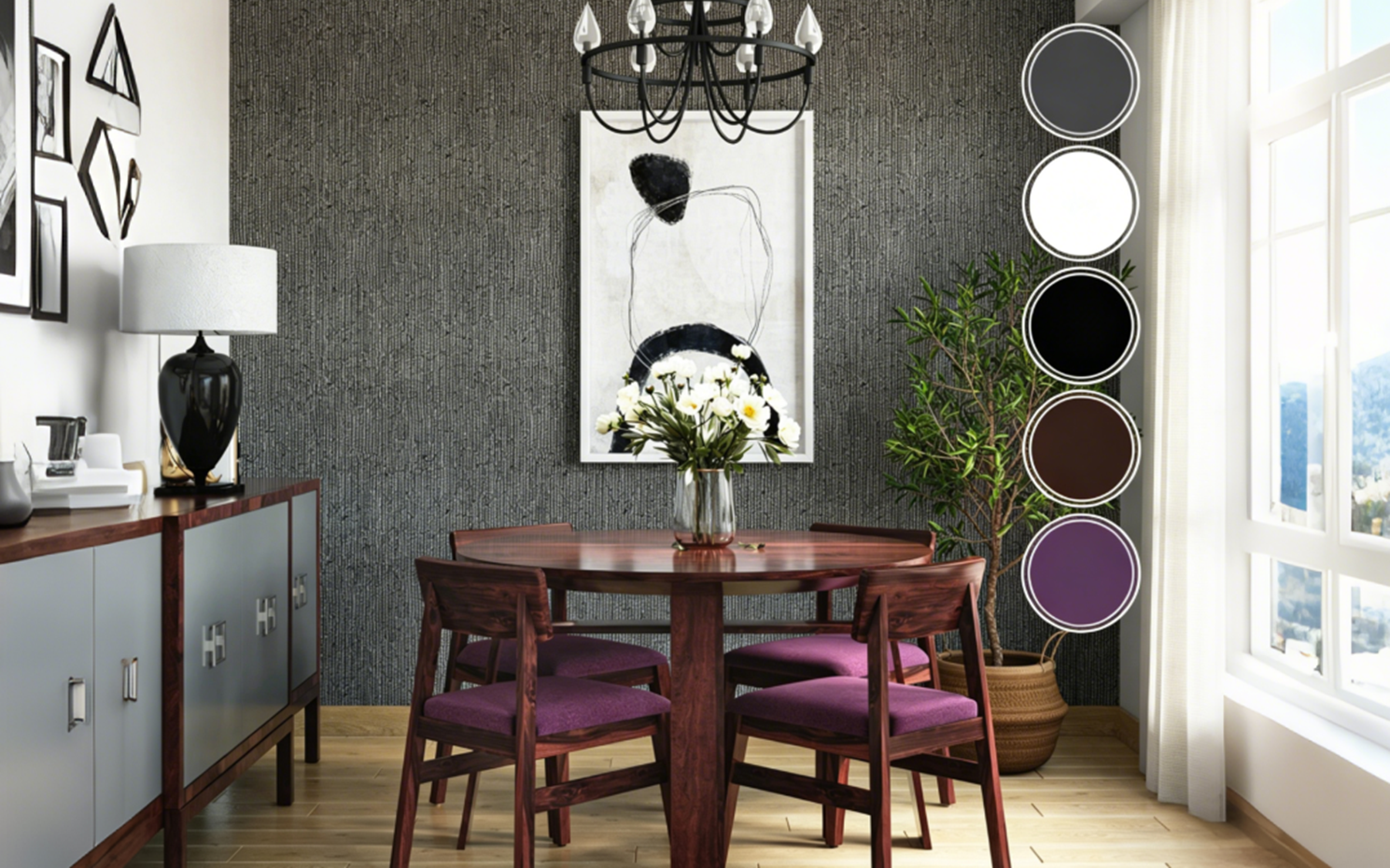 Gray dining room accented by deep purple