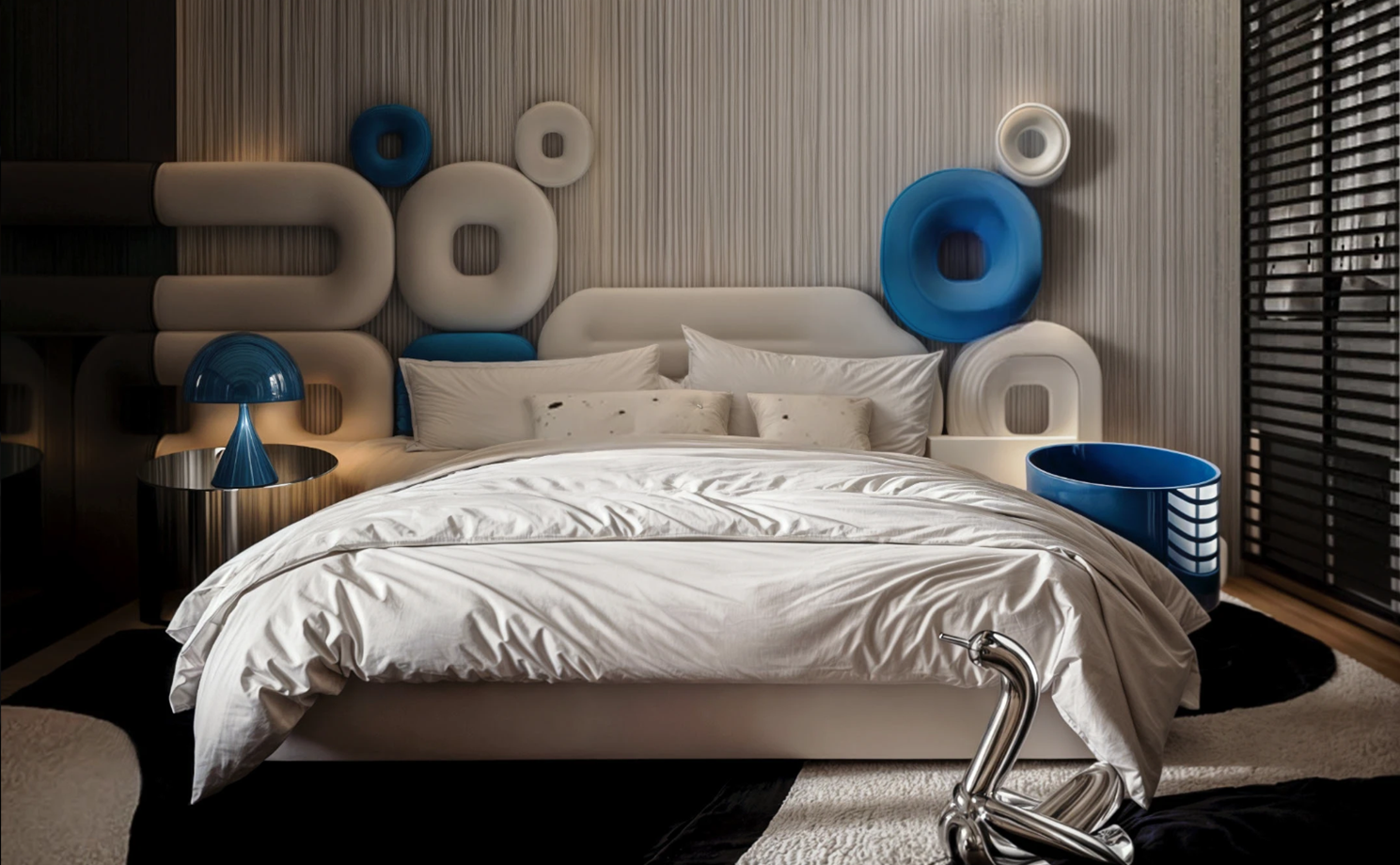 White and beige child bedroom accented by bold blue