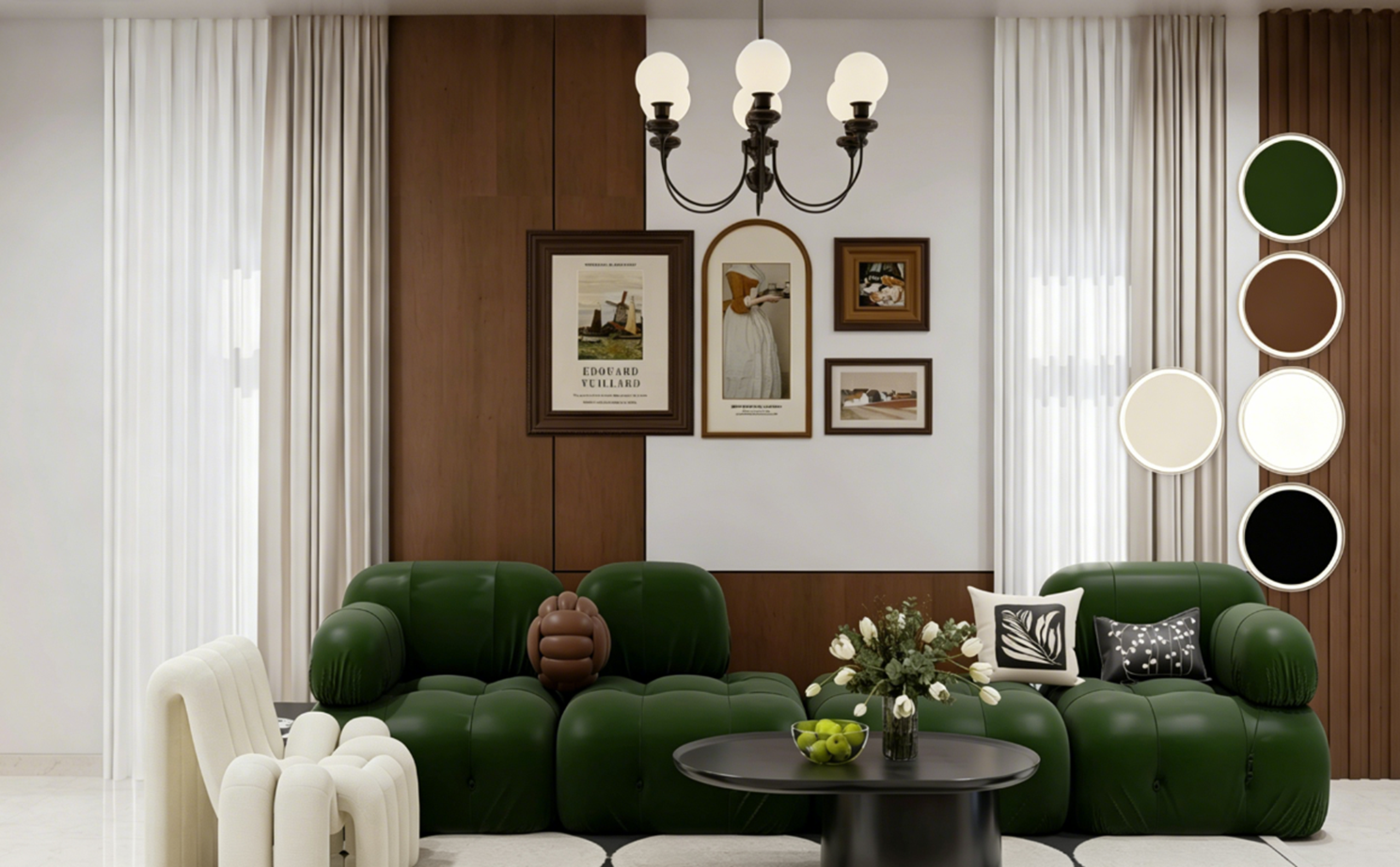 Wood and neutral living room accented by deep emerald green