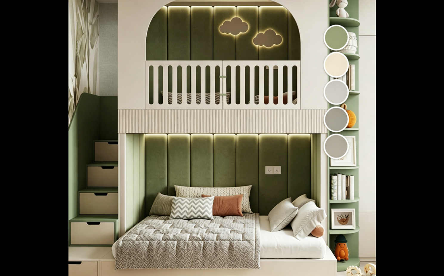 White and beige kids' room accented by sage green
