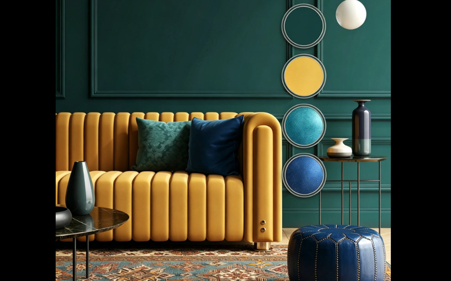 Mustard yellow and deep green color contrast living room