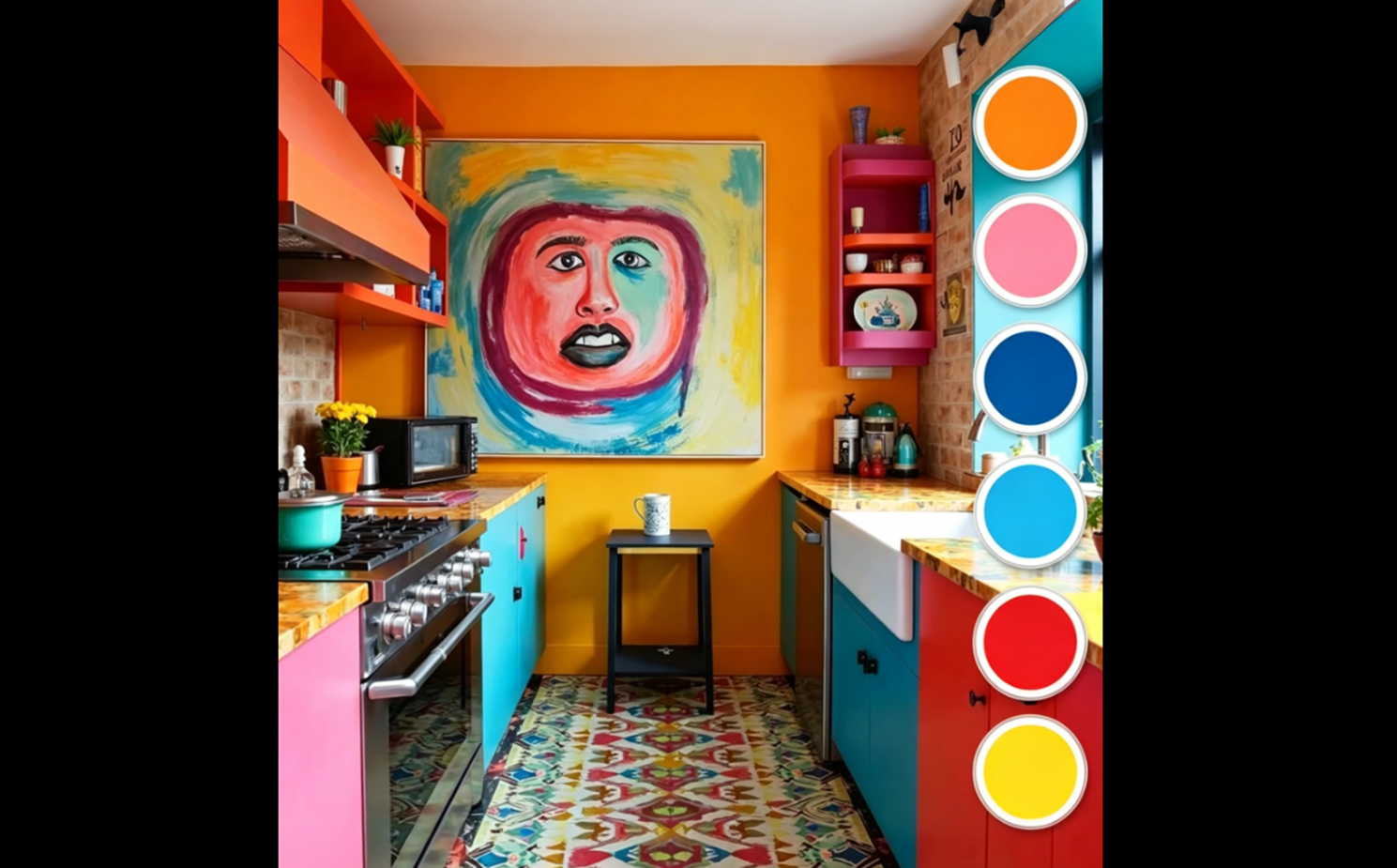 Orange, pink, turquoise and red color contrast kitchen