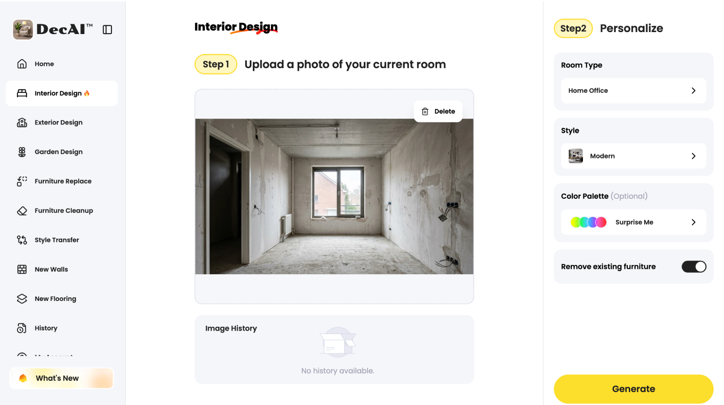 Upload your photo and choose a style and room type