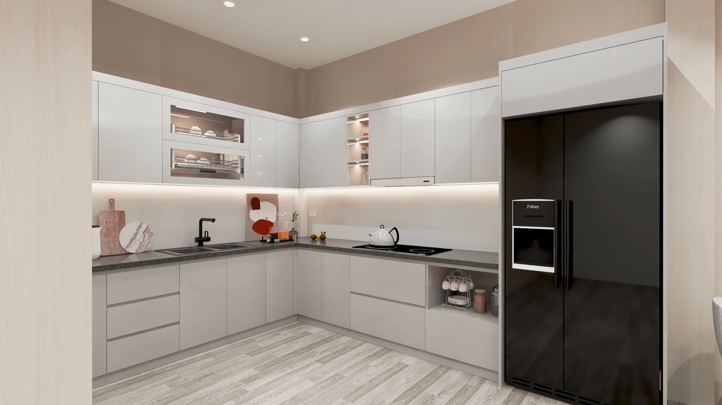 Neutral cabinetry, subtle texture, integrated appliances