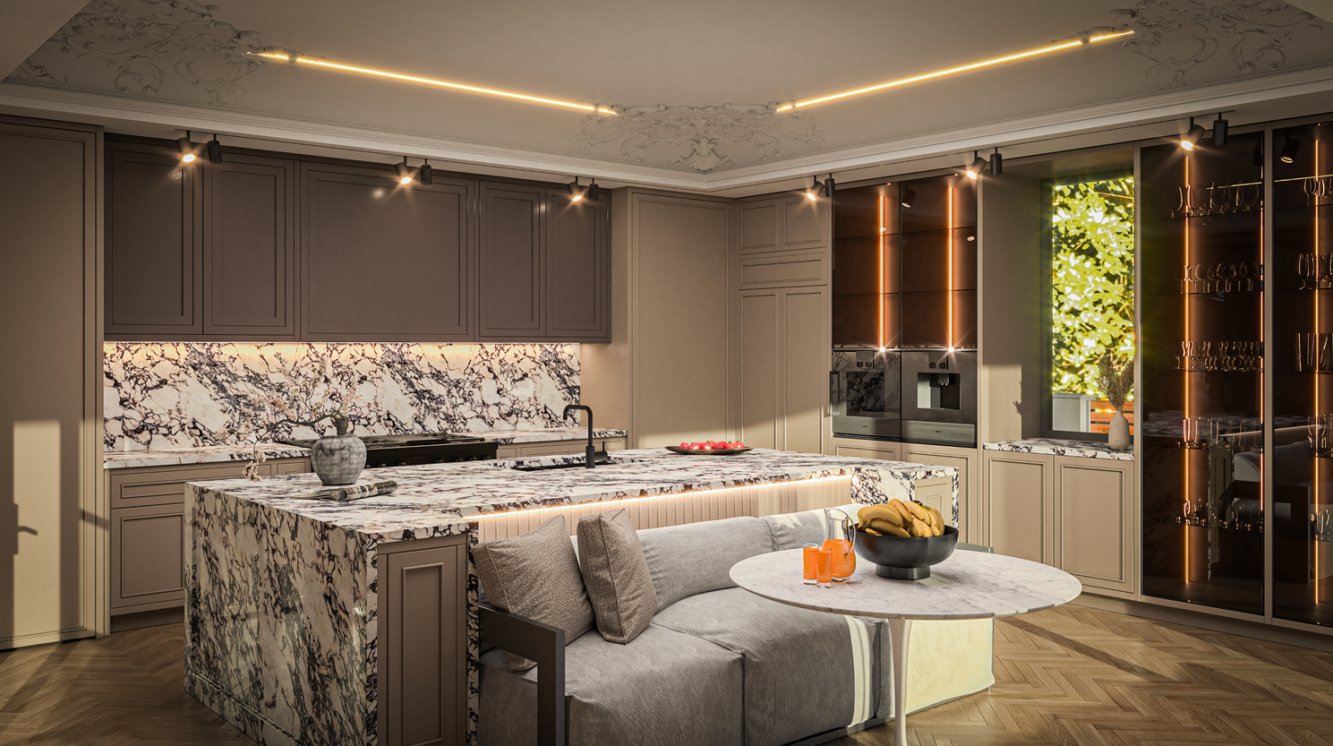 Inviting sofas and tables serves for social use