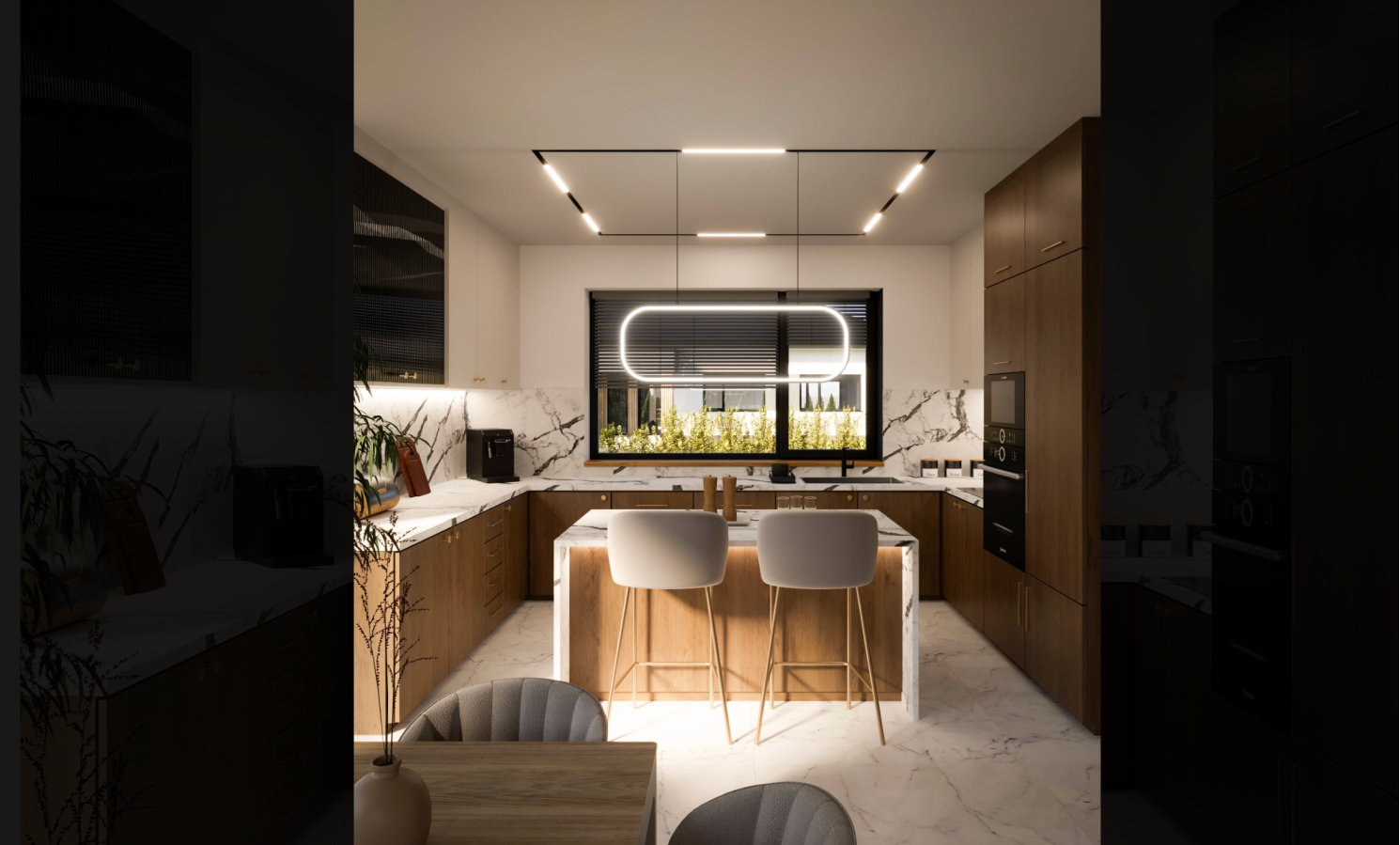 Warm wood, marble, and mood lighting