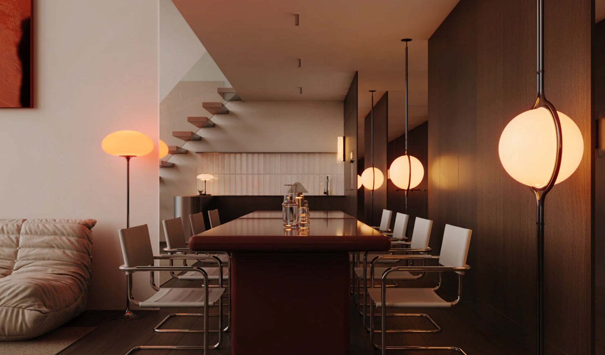 Warm minimalism dining room example