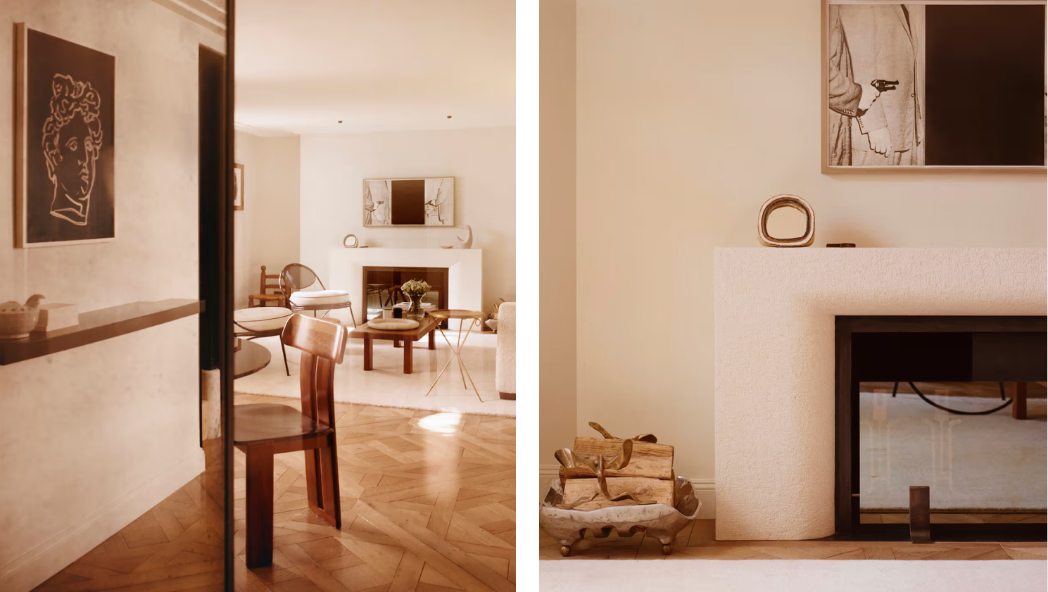 Minimalist living room with natural wood flooring and warm understated accents