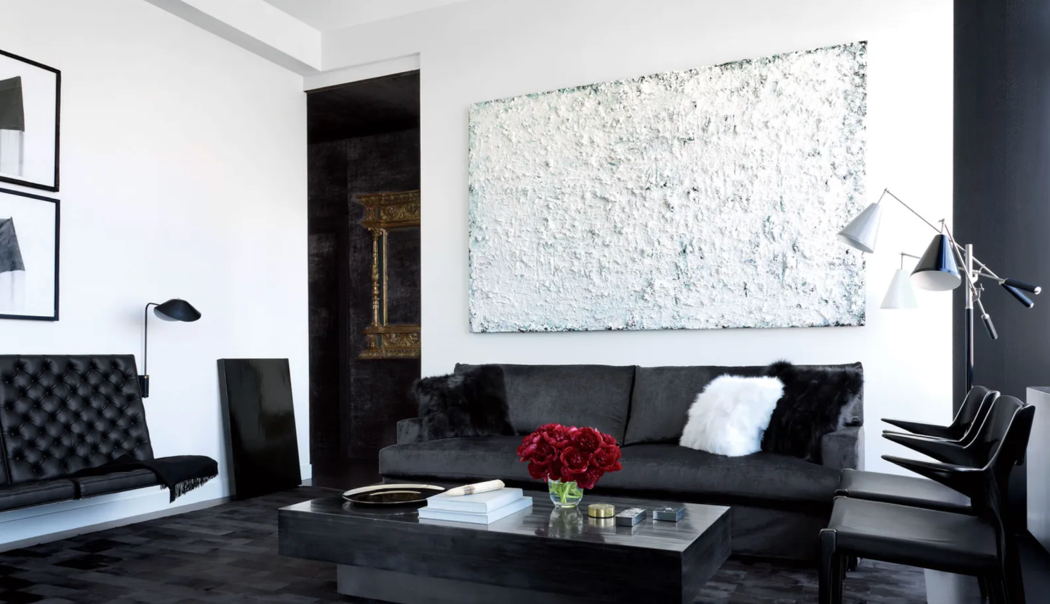 Black-and-white minimalist Manhattan apartment with sleek finishes and controlled contrast