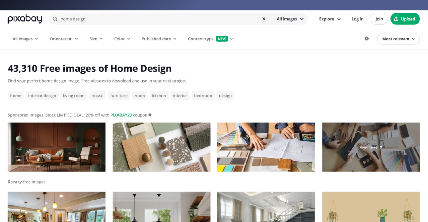 Pixabay website to find and download free design resources