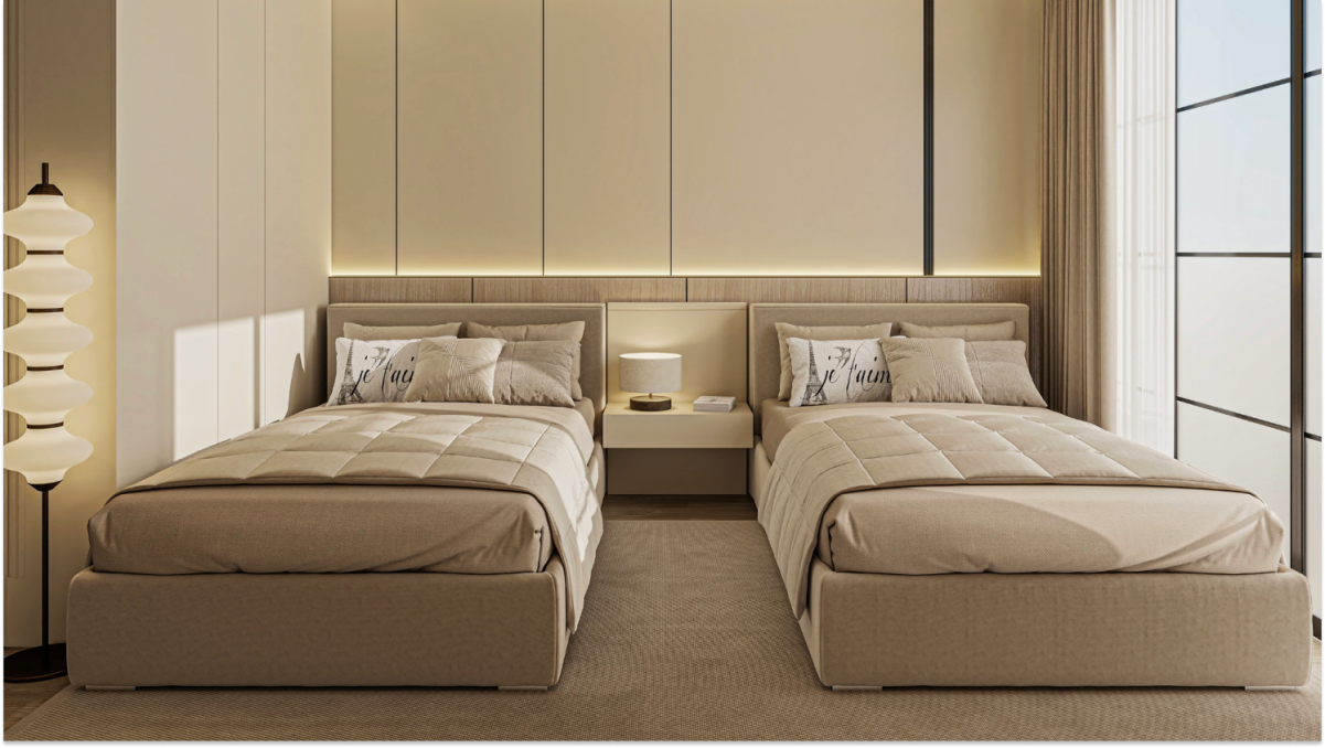 Twin bedroom with symmetric balance