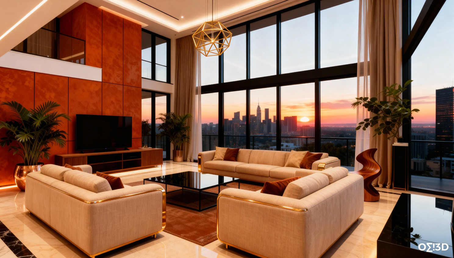Warm terracotta accent wall behind a neutral sofa with linen pillows, stone side tables, and soft wall lighting