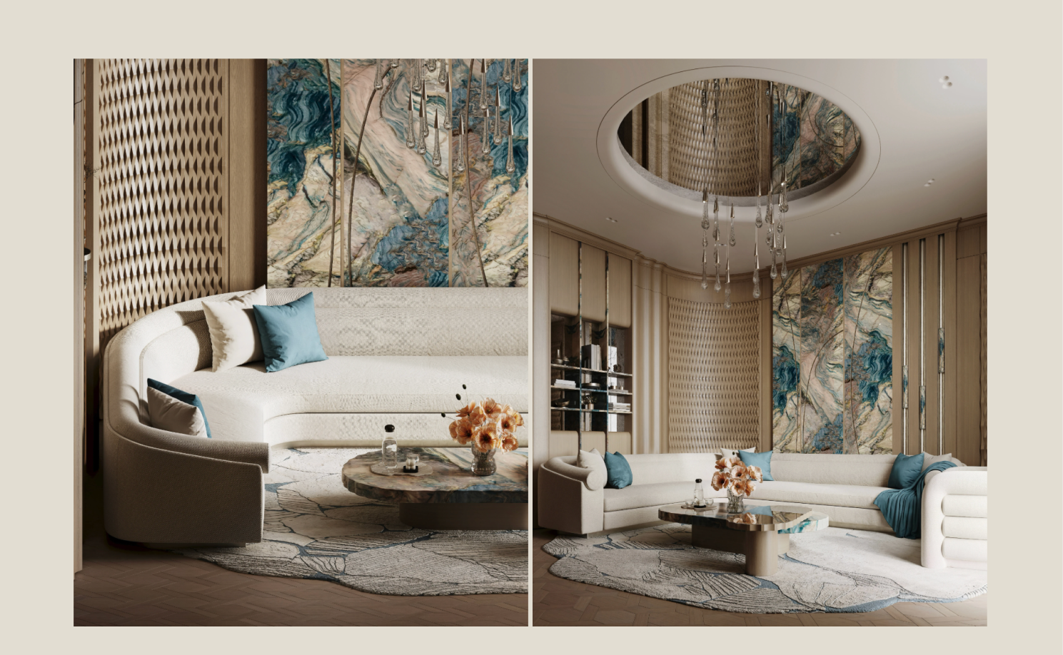 Marble accent wall behind a low media unit with sculptural furniture, neutral rugs, and warm indirect lighting