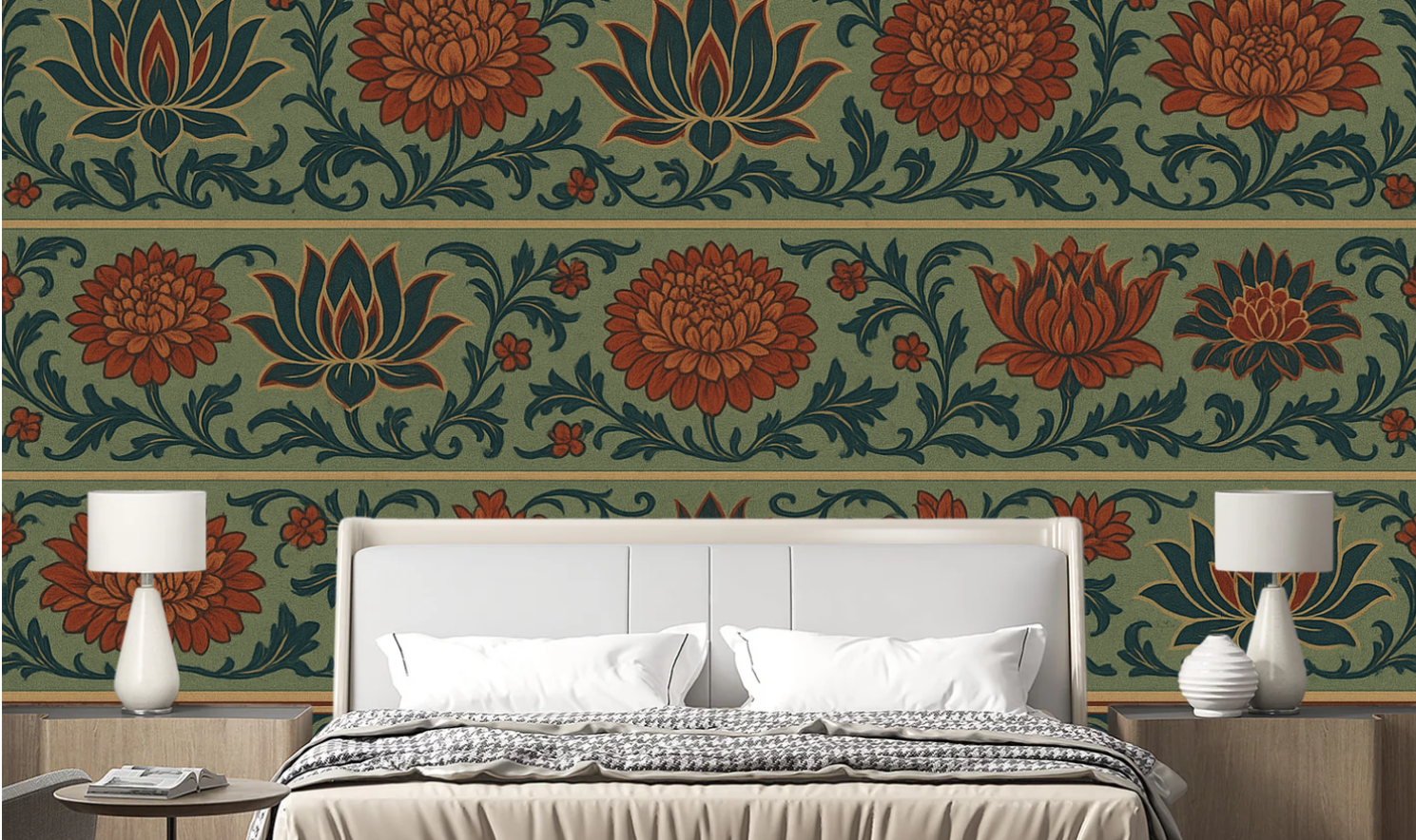 Large-scale botanical wallpaper accent wall behind a dining table with upholstered chairs and a warm pendant light