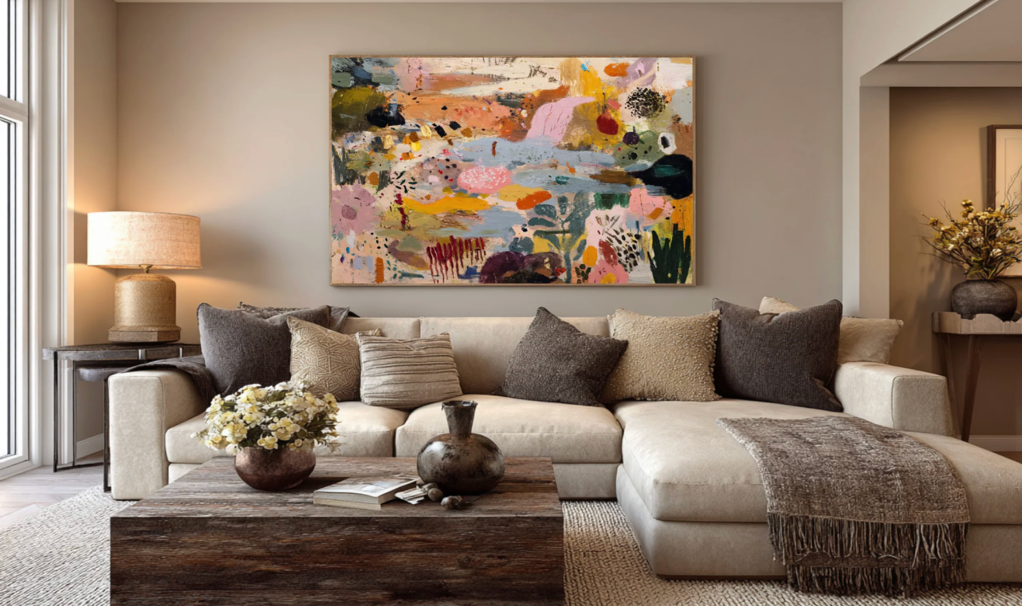 Oversized abstract artwork on a soft white wall above a sofa with comfortable pillows and planets