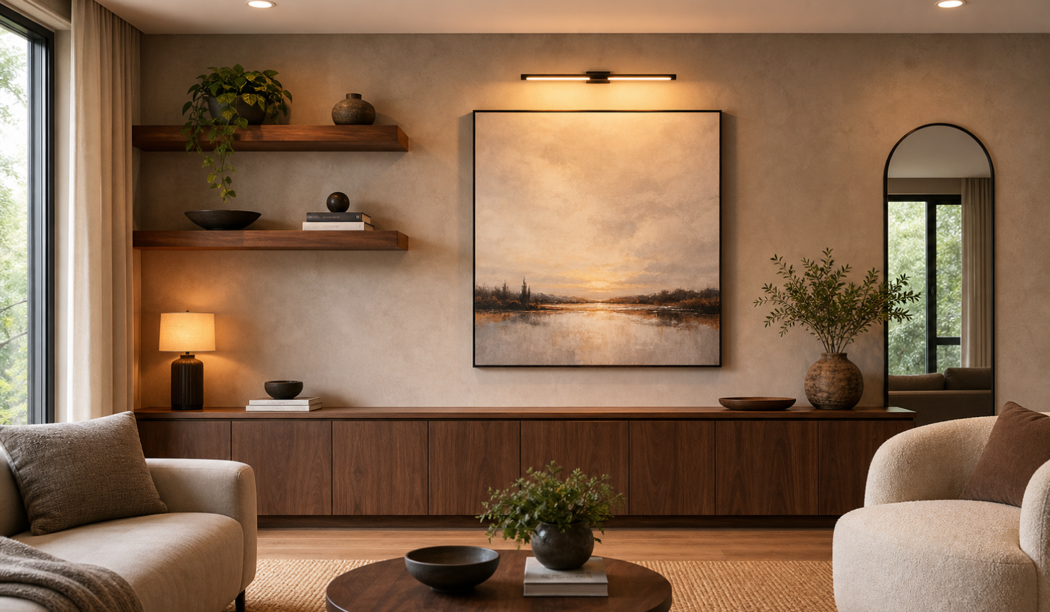 Floating shelves on a warm neutral accent wall with ceramics, books, small artwork, and integrated lighting