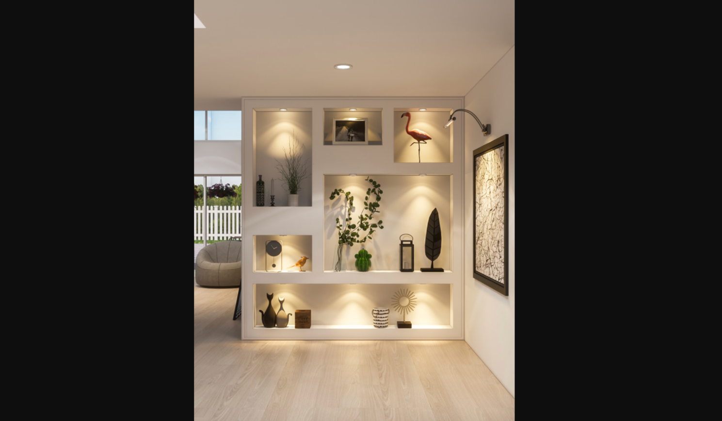 The white shelf style accent wall with warmer yellow lightning