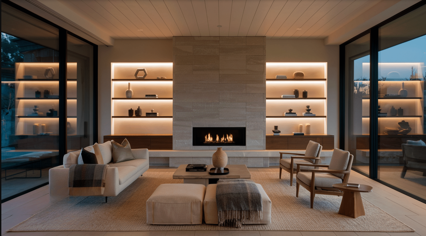 Fireplace accent wall with stone surround, built-in shelving and soft neutral seating