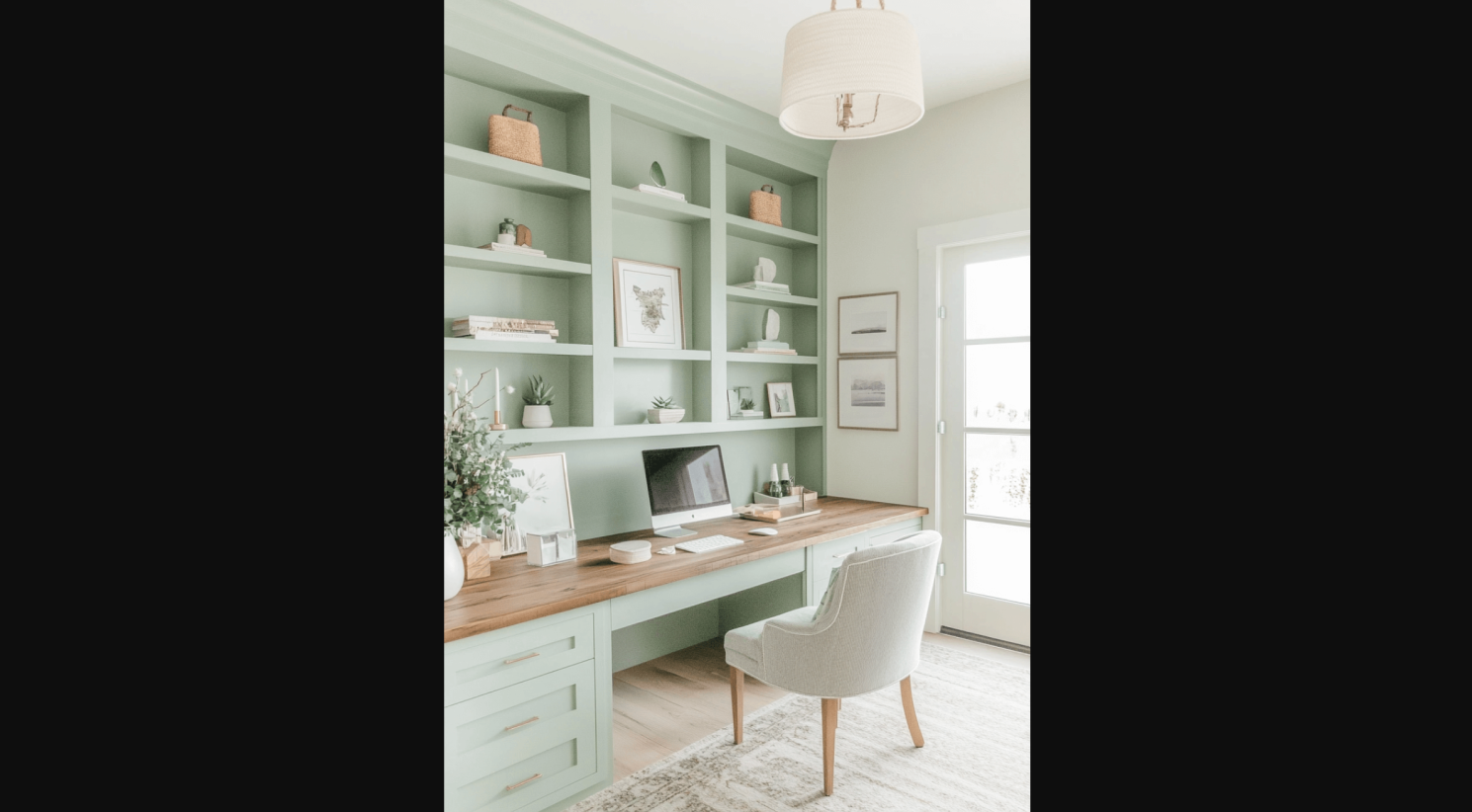Home office accent wall behind a desk with muted olive paint, built-in shelves, task lighting, and framed art