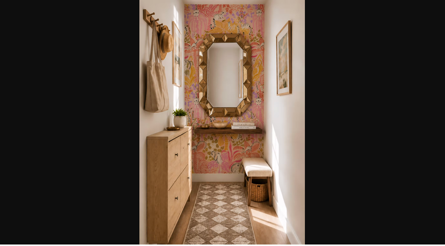 Entryway accent wall with patterned wallpaper, narrow console, mirror, wall sconce, and a runner rug