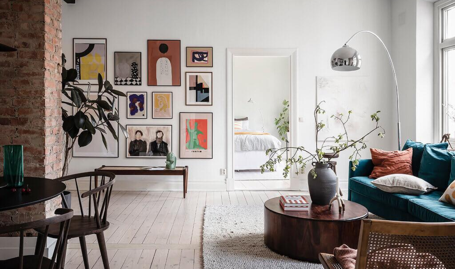 Art-Filled industrial apartment living room example
