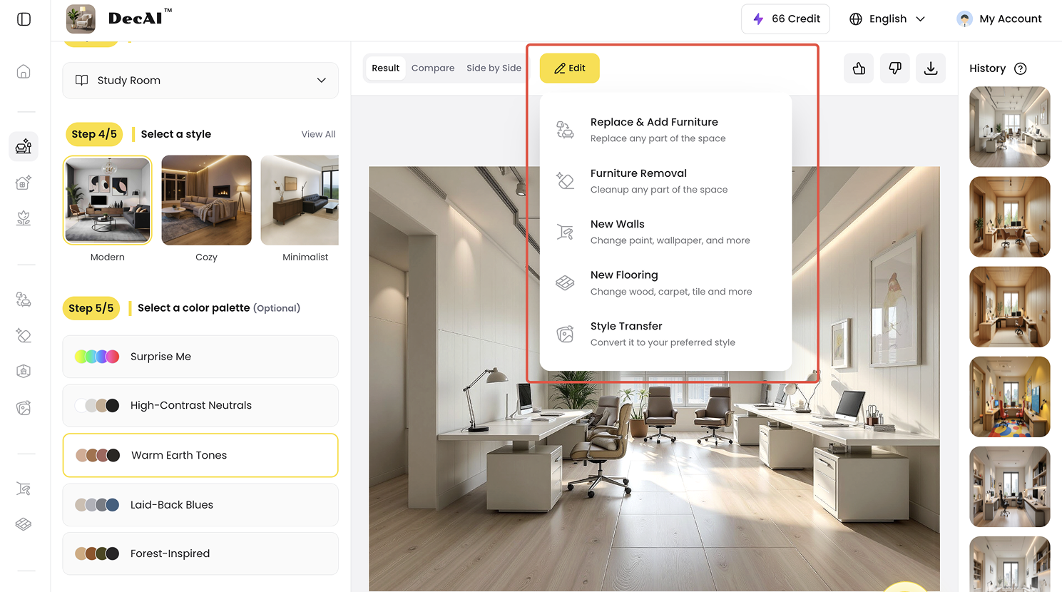 Click Edit to further refine the furniture, floor, wall or design style