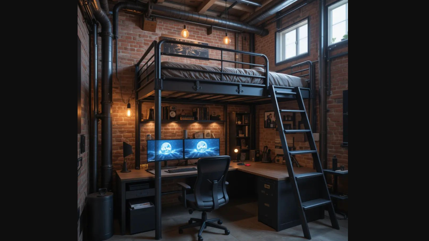 Bunk room with built-in beds, banquette seating, storage, and a central game table
