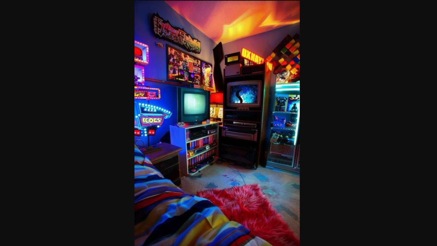 Teen game room with upright arcade machine, lounge seating, colorful lighting, and social layout