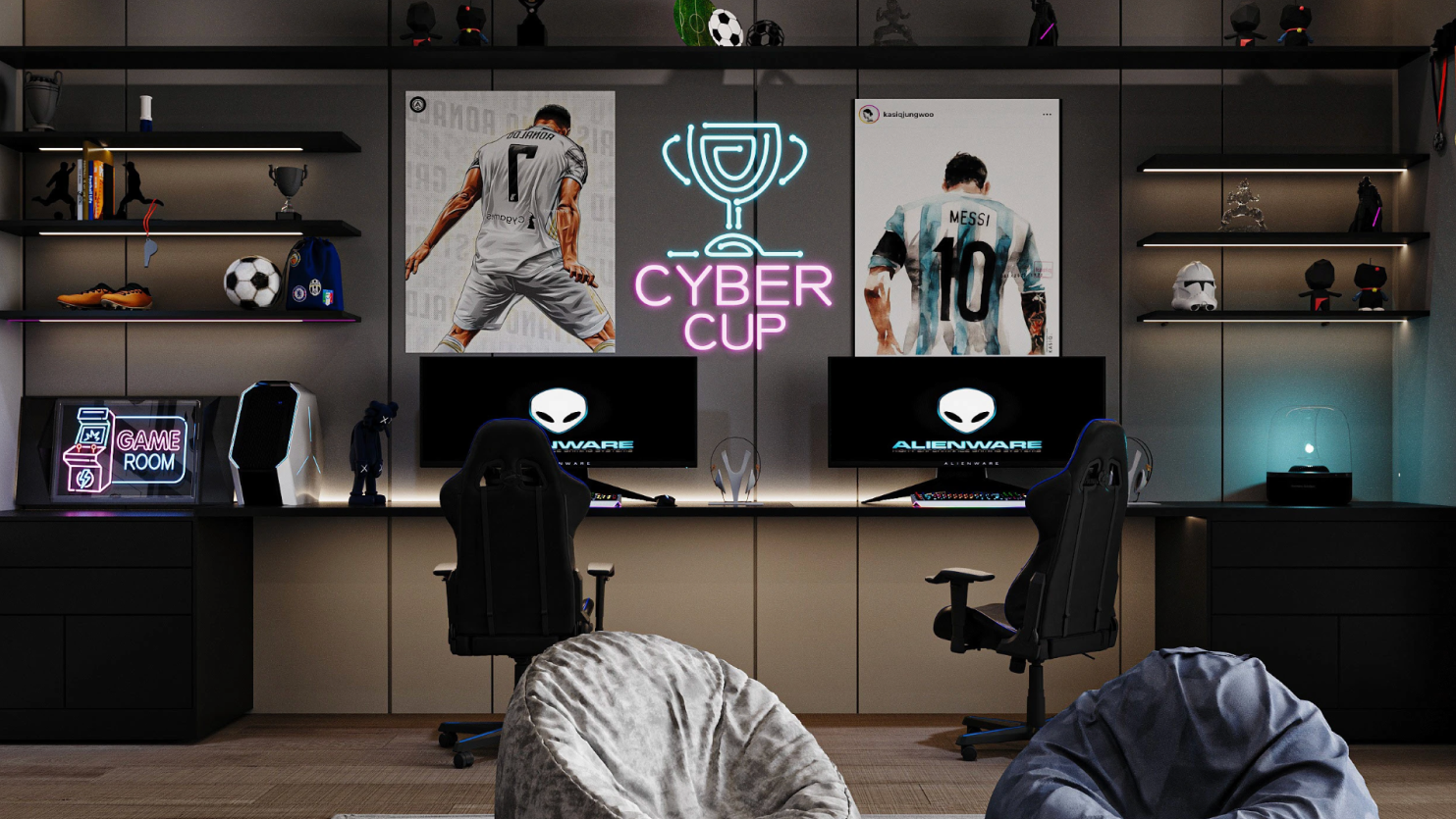 Modern teen gaming room with screen wall, console setup, LED lighting, dark walls, and lounge seating