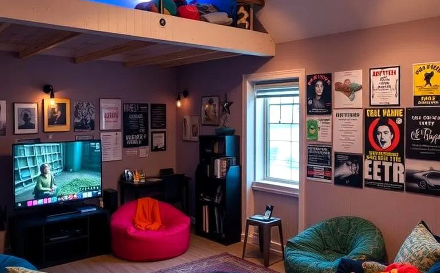 Teen loft game room with TV, sectional seating, game table, built-ins, and casual hangout zones