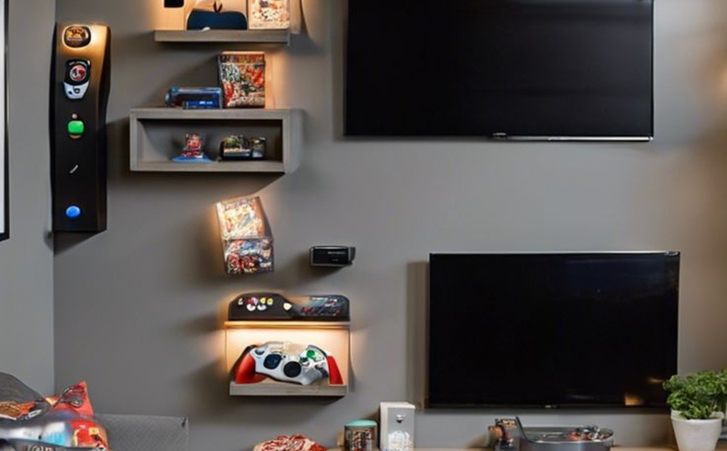 Small game room with wall-mounted TV, floating console shelf, two compact chairs, and vertical storage