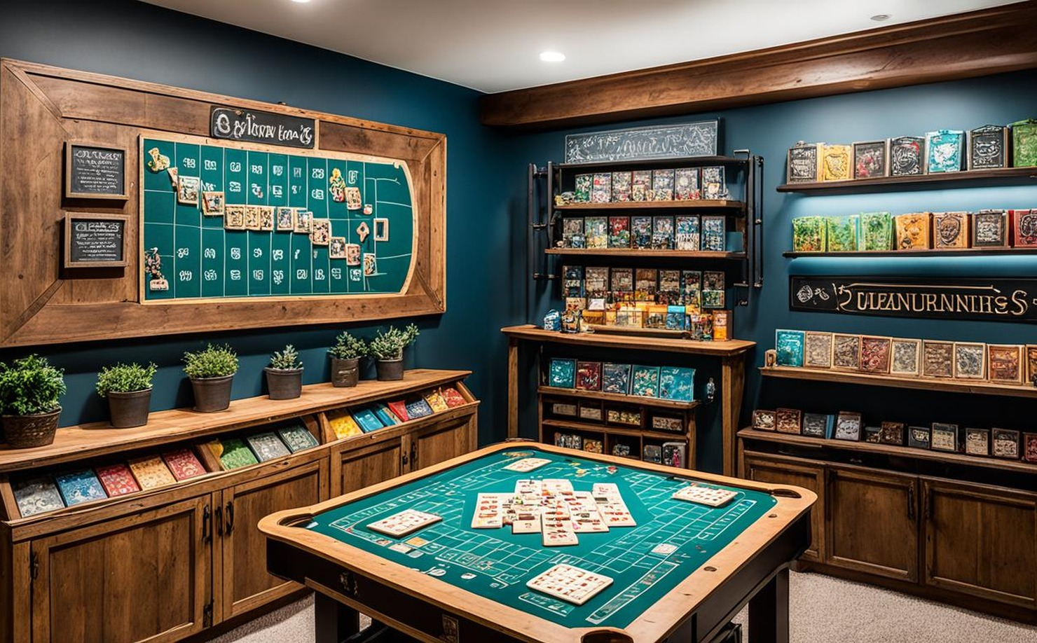 Budget game room with board games on open shelves, rolling cart, small table, and casual seating