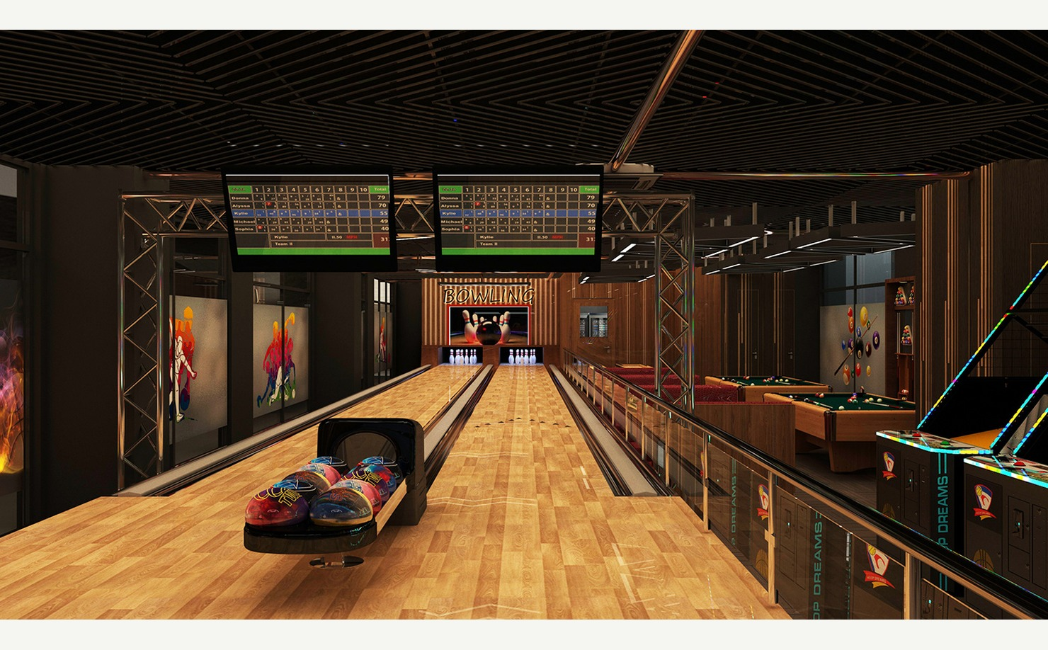 Luxury indoor game lounge with bowling lanes, billiards tables, arcade machines, warm wood, and dramatic lighting
