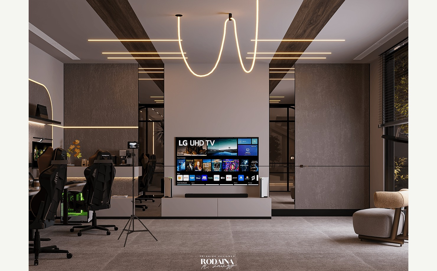 High-end villa gaming room with custom lighting, dark finishes, lounge seating, and immersive screen setup