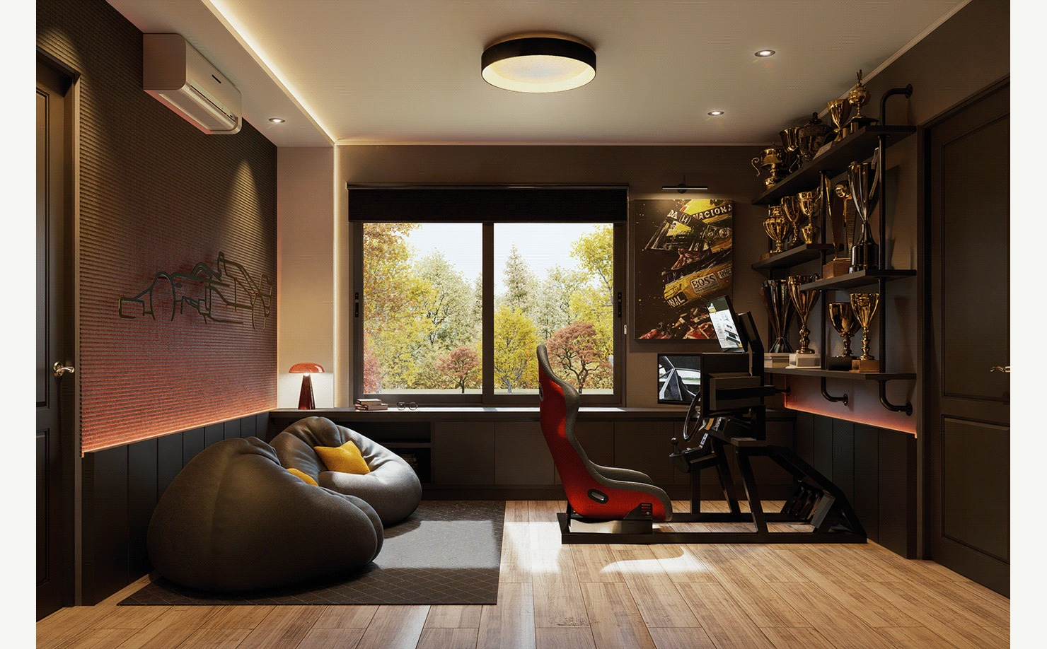 Compact racing simulator room with driving setup, dark palette, gaming screen, and immersive lighting