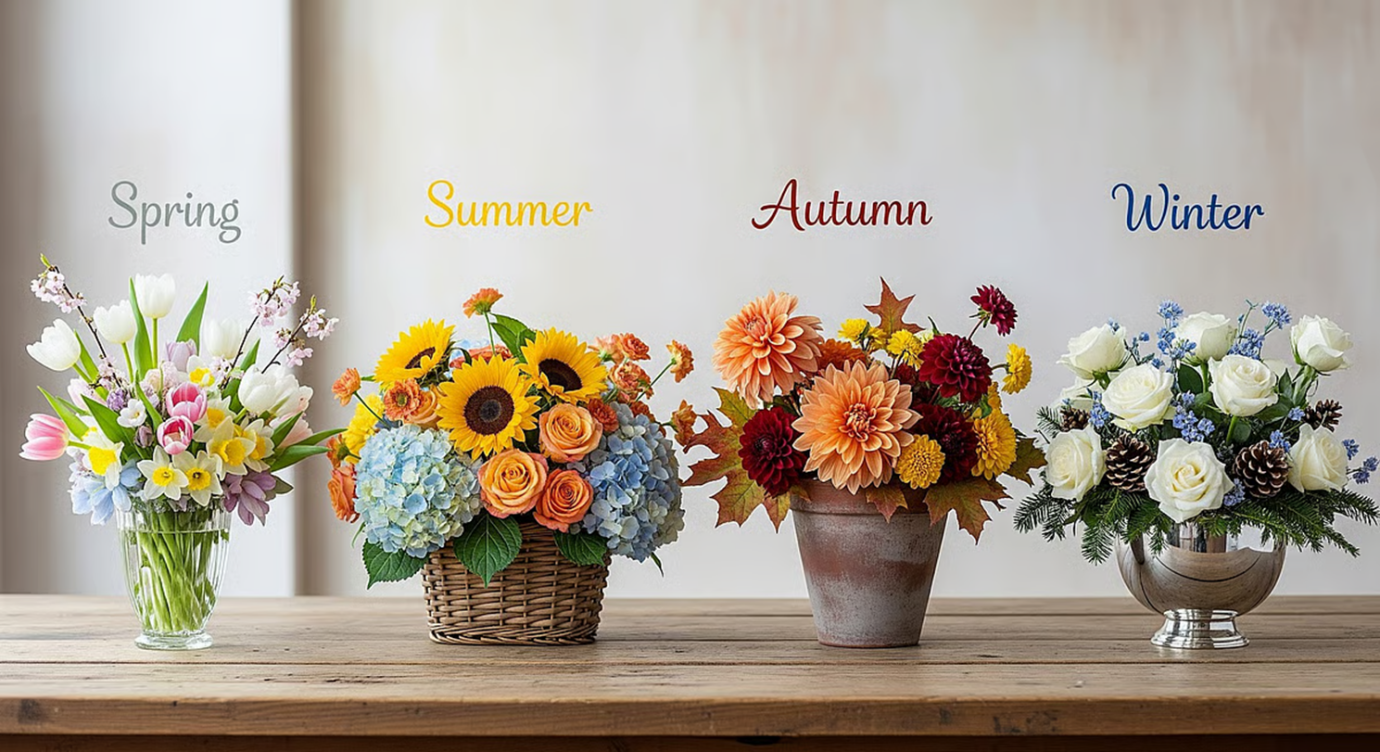Four seasonal flower arrangements for home decor