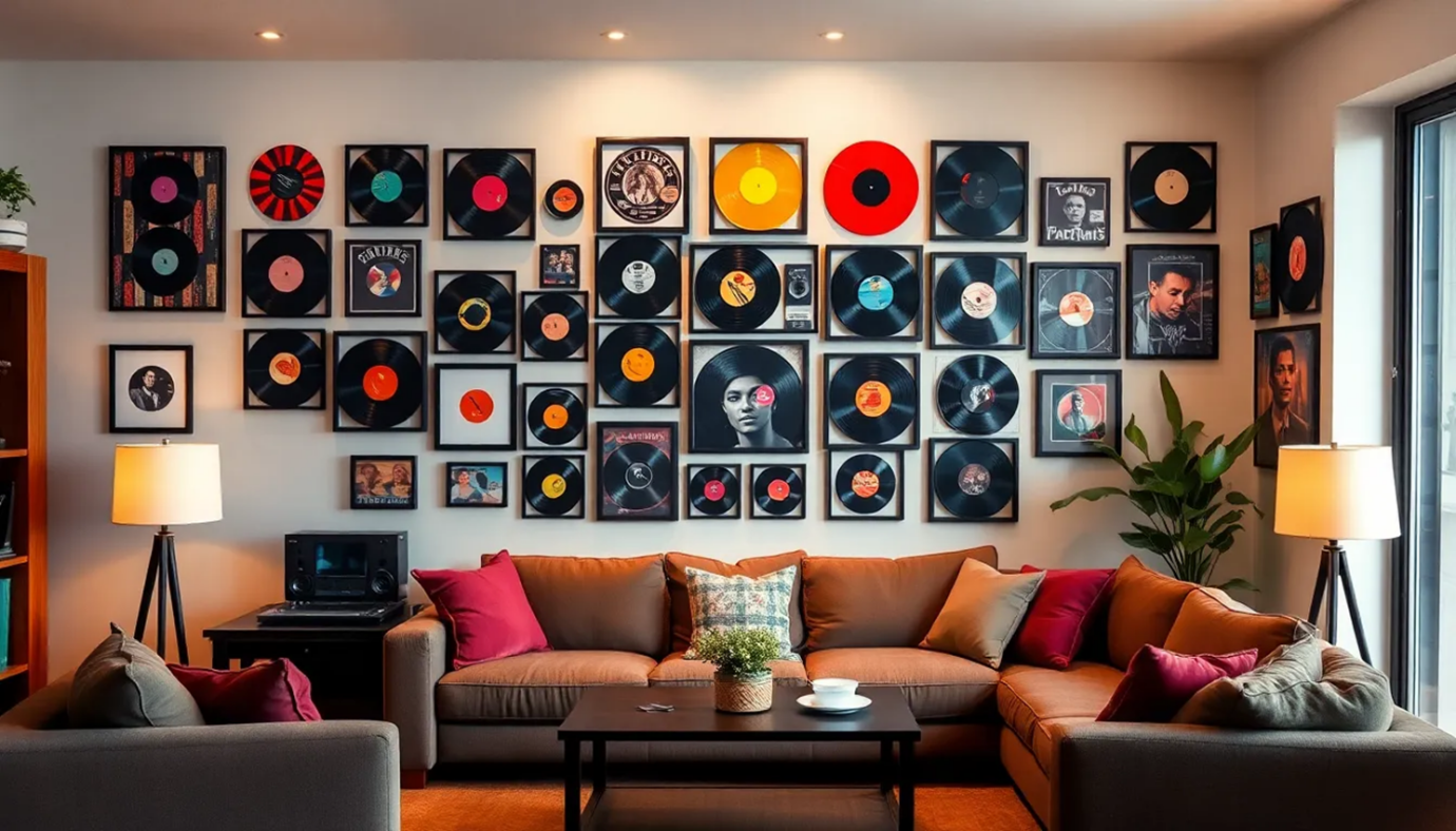 Personalized wall display of framed vinyl records and music memorabilia
