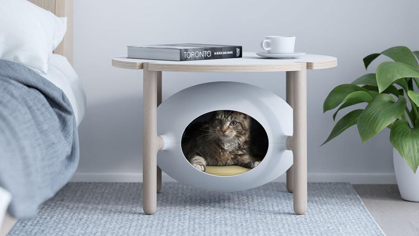 Multifunctional bedside table with an integrated cat cave