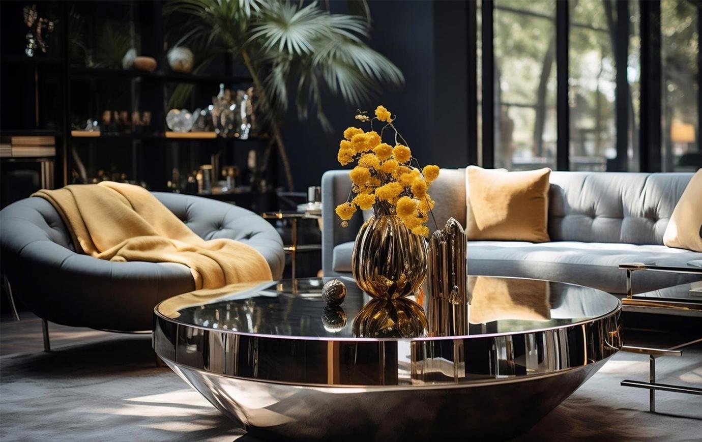 A living room with a glossy stainless steel table