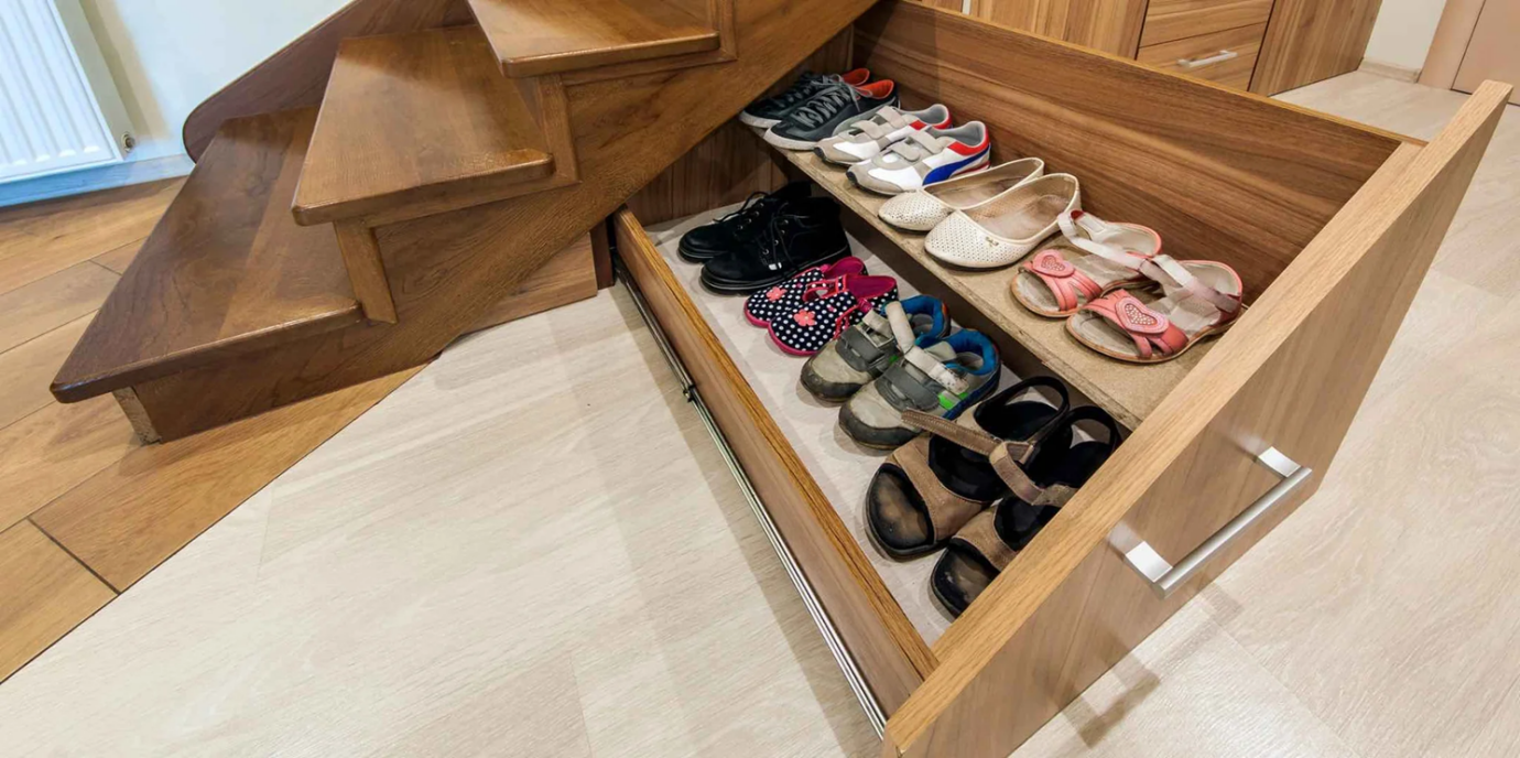 Pull-out understair shoe drawer as hidden storage