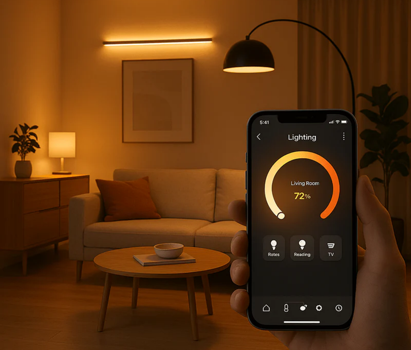Smartphone-controlled smart lighting in a living room