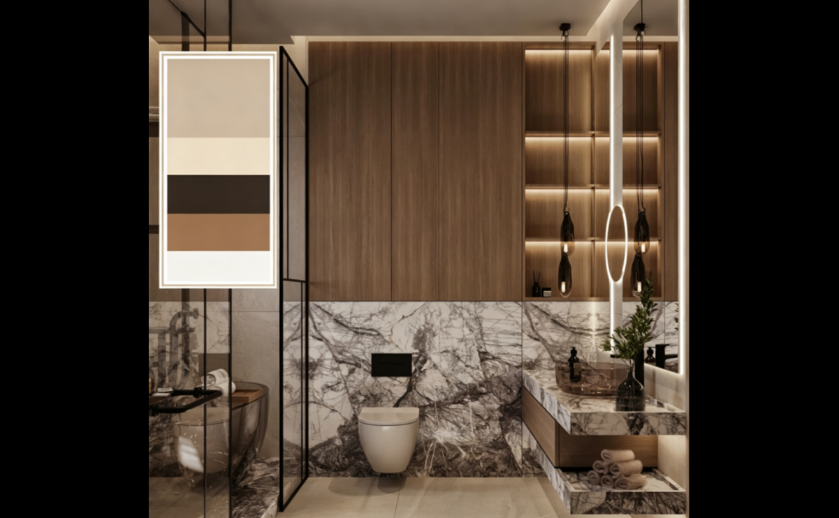 Bathroom with a warm earthy neutral palette
