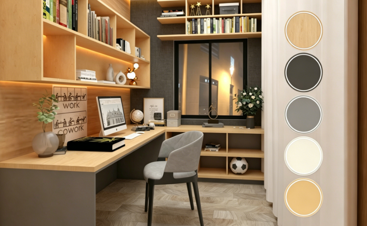 Study room with light wood, soft gray, and warm beige tones