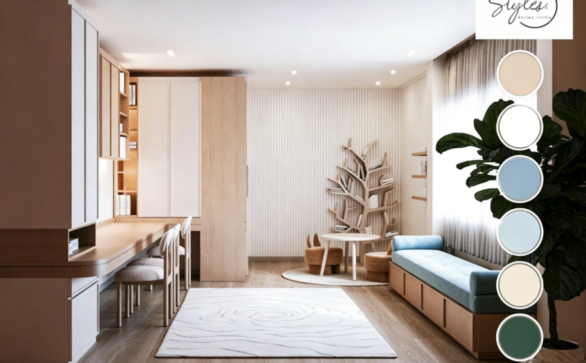 White and wood study room accented by light blue