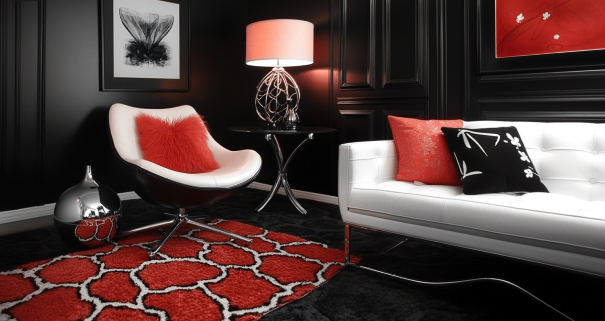 Black and white living room accented by red decor